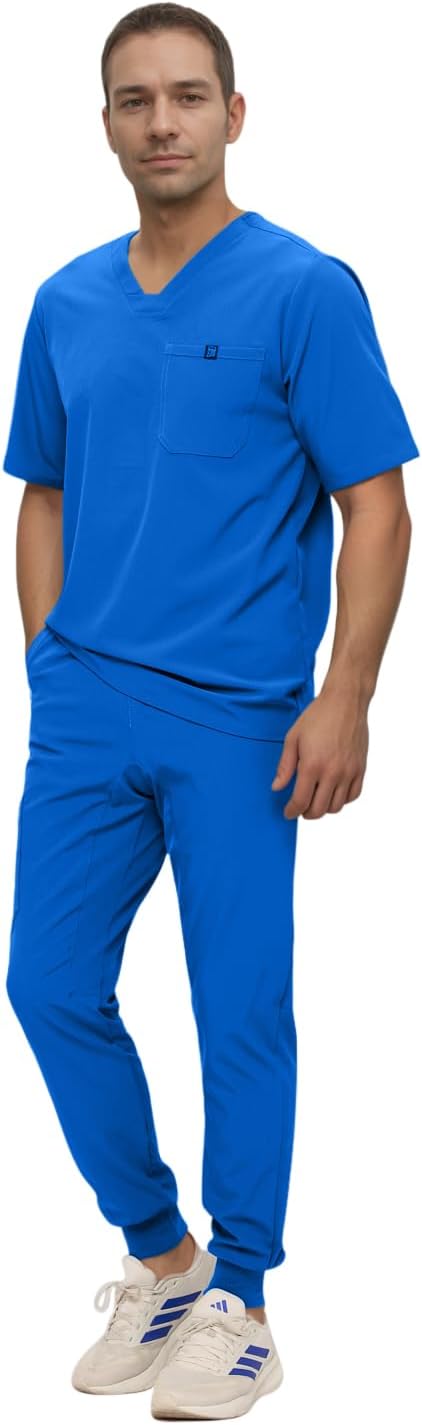 Monarch Uniforms Men's Jogger Scrub Set Tuck-in Scrubs for Men with Jogger Pants and One Pocket Top - Royal Blue
