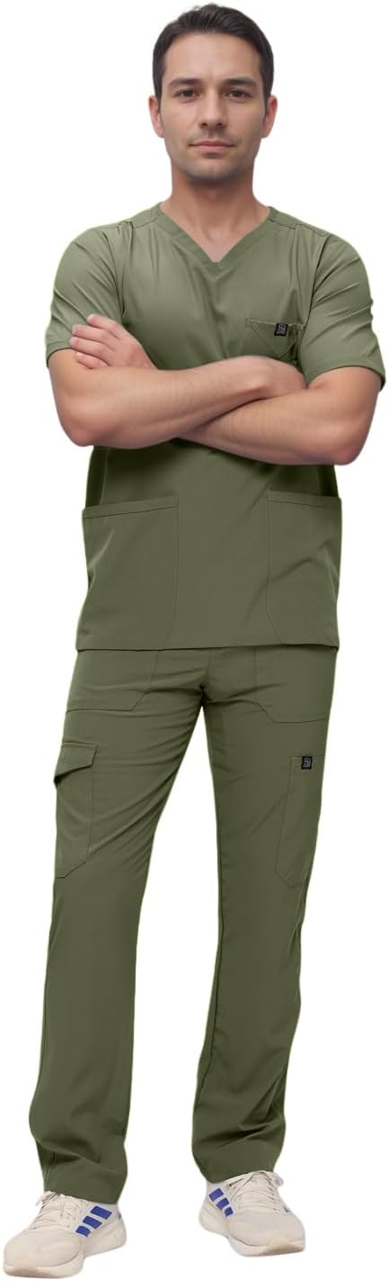 Monarch Uniforms Men's Scrub Set V-Neck Scrub Sets with Nine Large Pockets - Olive