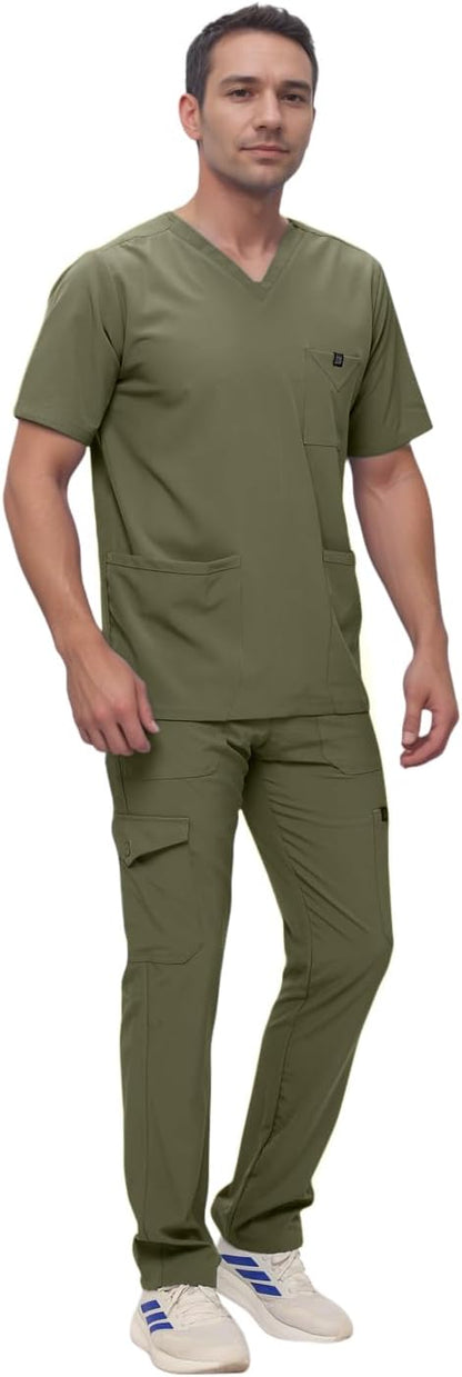 Monarch Uniforms Men's Scrub Set V-Neck Scrub Sets with Nine Large Pockets - Olive