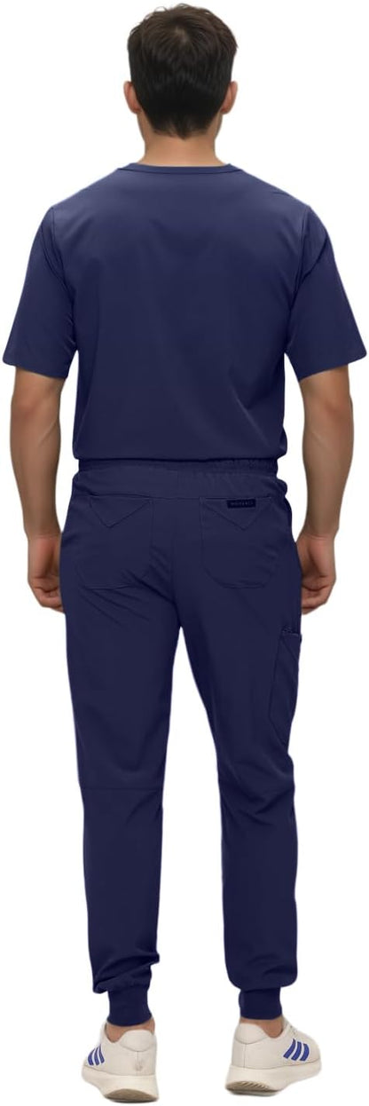 Monarch Uniforms Men's Jogger Scrub Set Tuck-in Scrubs for Men with Jogger Pants and One Pocket Top - Navy Blue