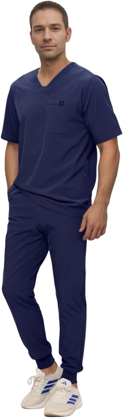 Monarch Uniforms Men's Jogger Scrub Set Tuck-in Scrubs for Men with Jogger Pants and One Pocket Top - Navy Blue