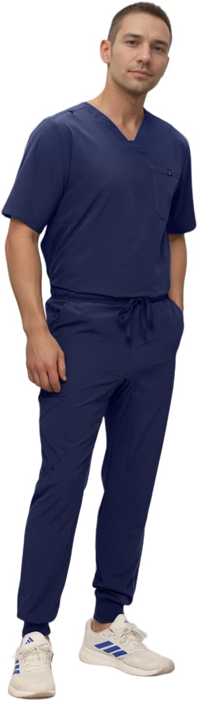 Monarch Uniforms Men's Jogger Scrub Set Tuck-in Scrubs for Men with Jogger Pants and One Pocket Top - Navy Blue