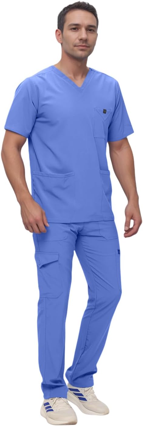 Monarch Uniforms Men's Scrub Set V-Neck Scrub Sets with Nine Large Pockets - Ceil Blue