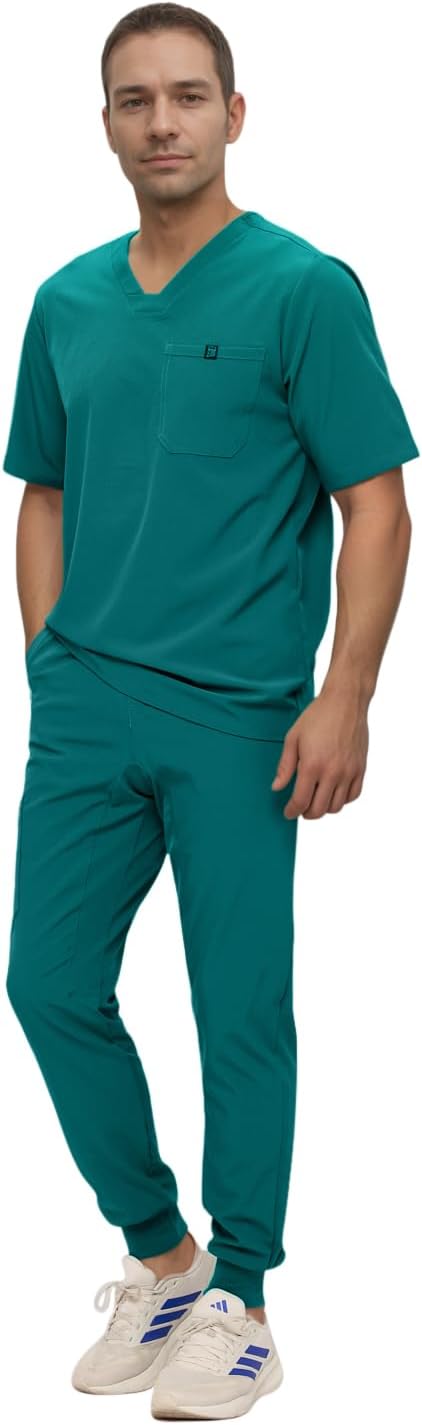 Monarch Uniforms Men's Jogger Scrub Set Tuck-in Scrubs for Men with Jogger Pants and One Pocket Top - Hunter Green