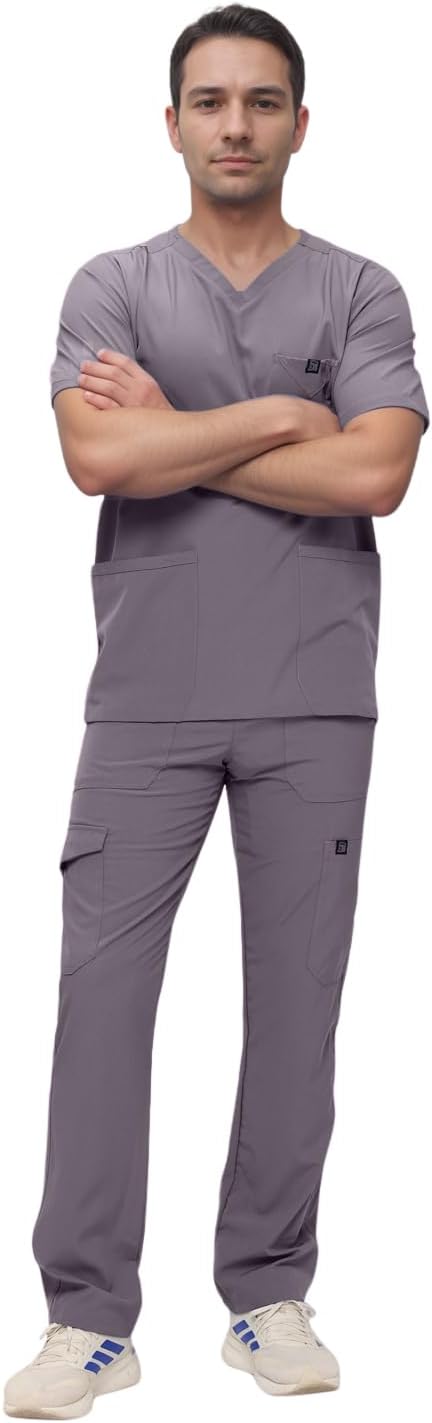 Monarch Uniforms Men's Scrub Set V-Neck Scrub Sets with Nine Large Pockets - Charcoal