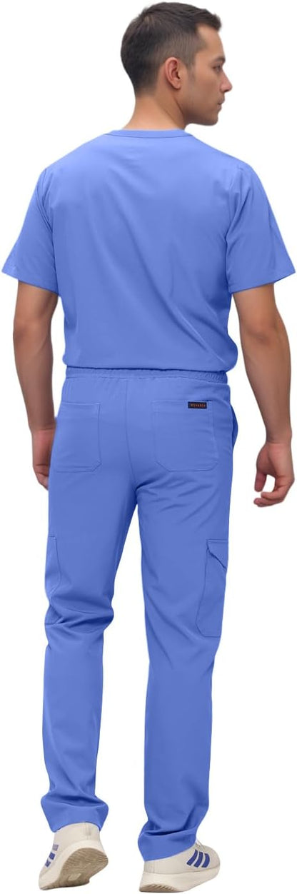 Monarch Uniforms Men's Scrub Set V-Neck Scrub Sets with Nine Large Pockets - Ceil Blue