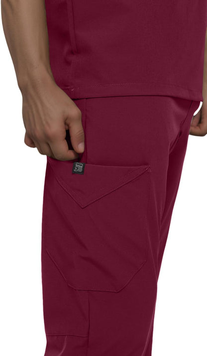 Monarch Uniforms Men's Jogger Scrub Set Tuck-in Scrubs for Men with Jogger Pants and One Pocket Top - Burgundy