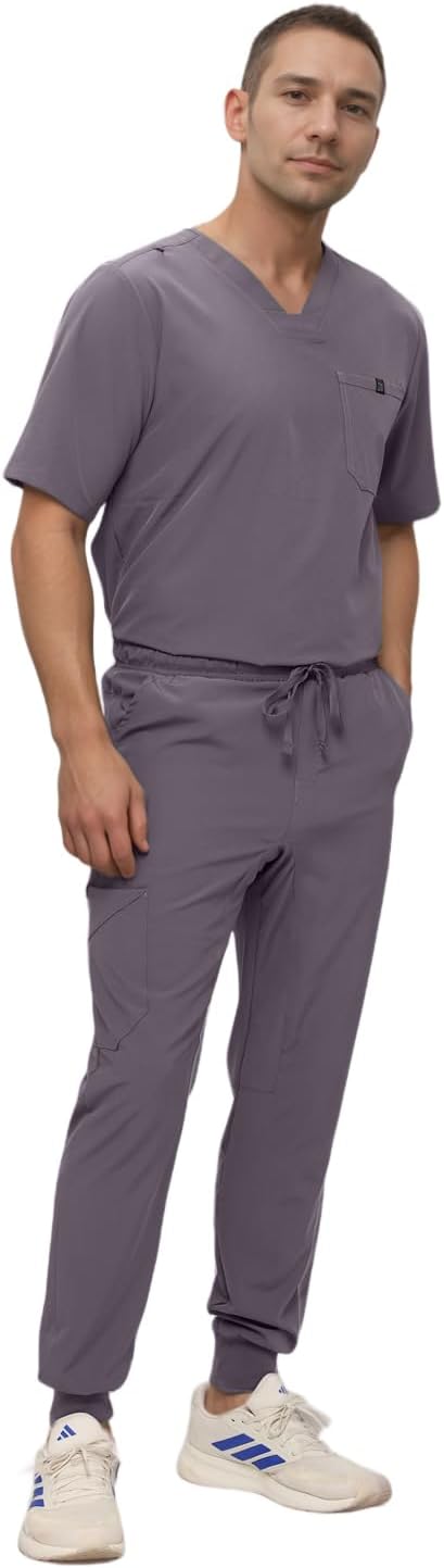 Monarch Uniforms Men's Jogger Scrub Set Tuck-in Scrubs for Men with Jogger Pants and One Pocket Top - Charcoal