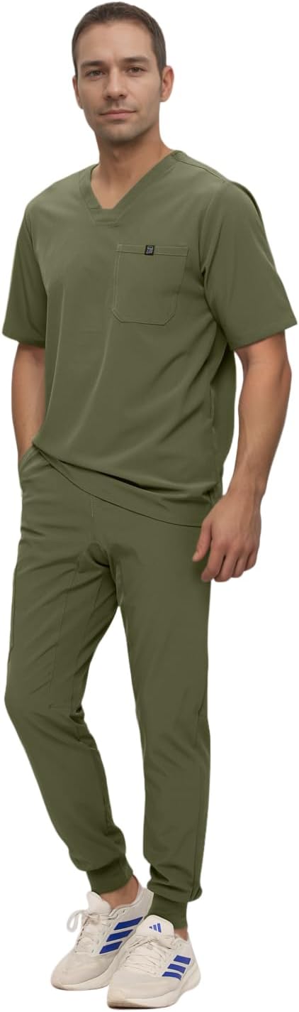 Monarch Uniforms Men's Jogger Scrub Set Tuck-in Scrubs for Men with Jogger Pants and One Pocket Top - Olive