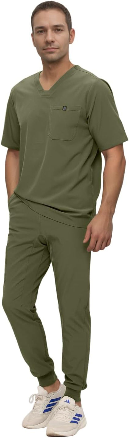 Monarch Uniforms Men's Jogger Scrub Set Tuck-in Scrubs for Men with Jogger Pants and One Pocket Top - Olive