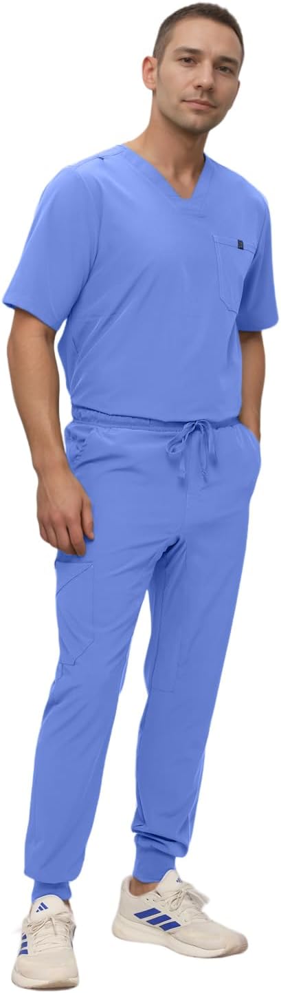 Monarch Uniforms Men's Jogger Scrub Set Tuck-in Scrubs for Men with Jogger Pants and One Pocket Top - Ceil Blue