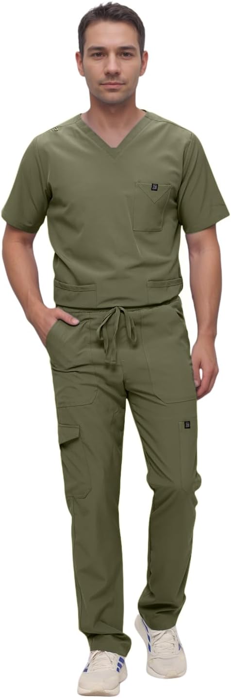 Monarch Uniforms Men's Scrub Set V-Neck Scrub Sets with Nine Large Pockets - Olive