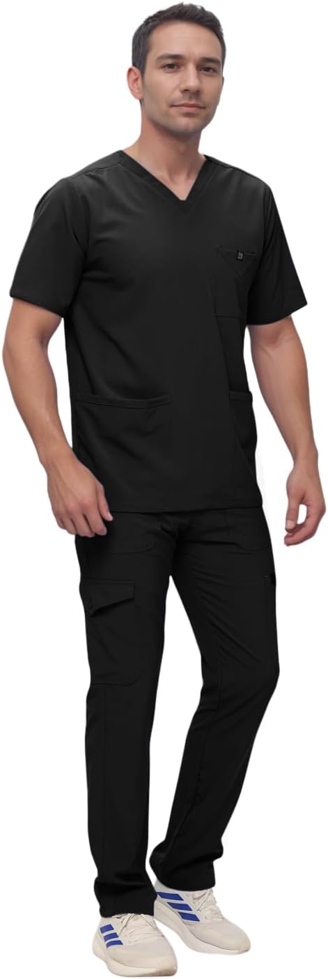 Monarch Uniforms Men's Scrub Set V-Neck Scrub Sets with Nine Large Pockets - Black