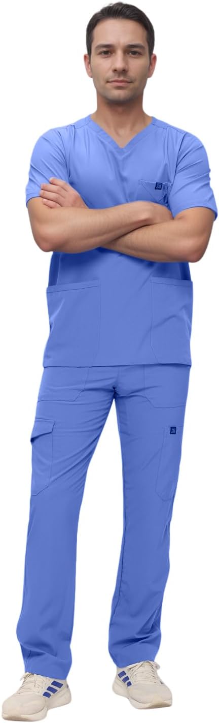 Monarch Uniforms Men's Scrub Set V-Neck Scrub Sets with Nine Large Pockets - Ceil Blue