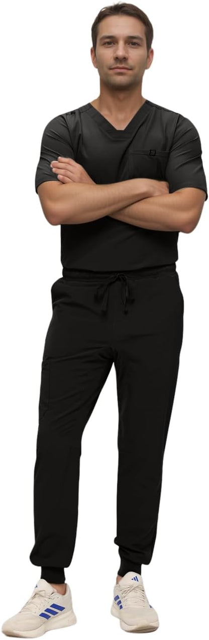 Monarch Uniforms Men's Jogger Scrub Set Tuck-in Scrubs for Men with Jogger Pants and One Pocket Top - Black