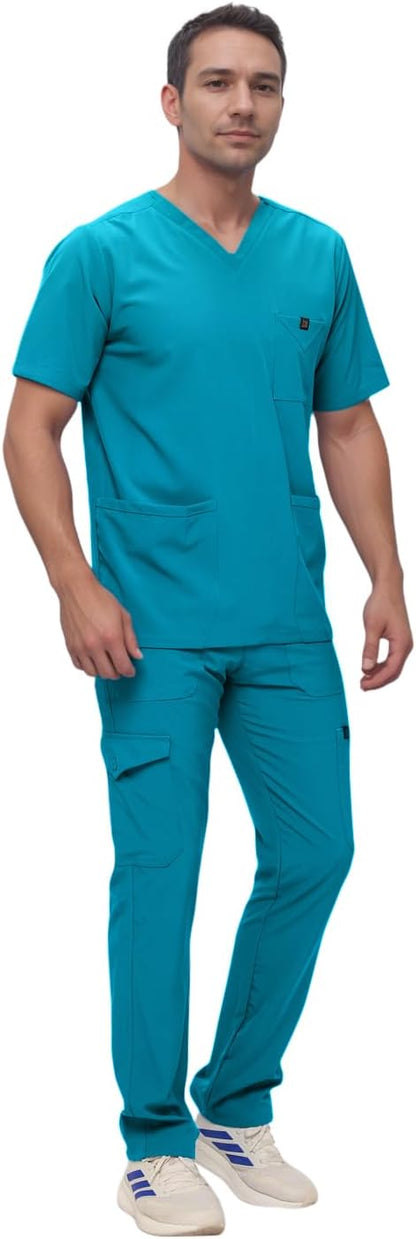 Monarch Uniforms Men's Scrub Set V-Neck Scrub Sets with Nine Large Pockets - Caribbean Blue