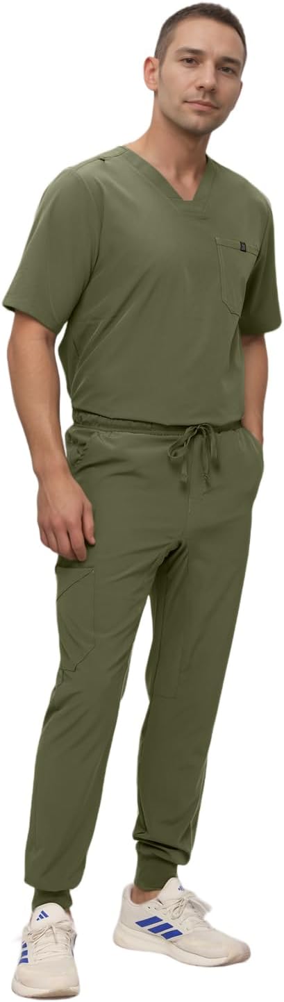Monarch Uniforms Men's Jogger Scrub Set Tuck-in Scrubs for Men with Jogger Pants and One Pocket Top - Olive