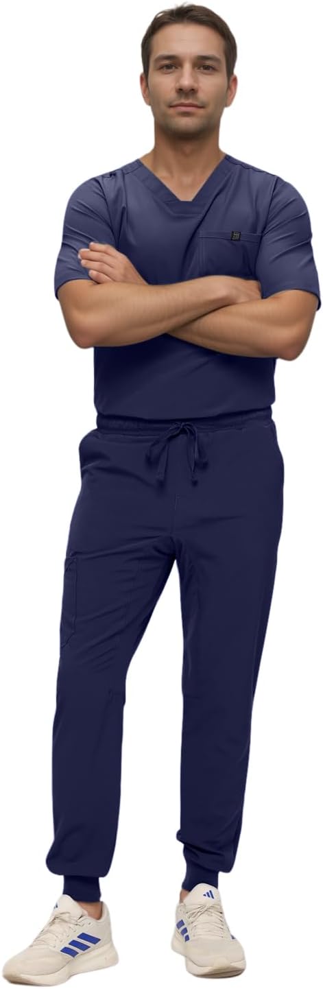 Monarch Uniforms Men's Jogger Scrub Set Tuck-in Scrubs for Men with Jogger Pants and One Pocket Top - Navy Blue