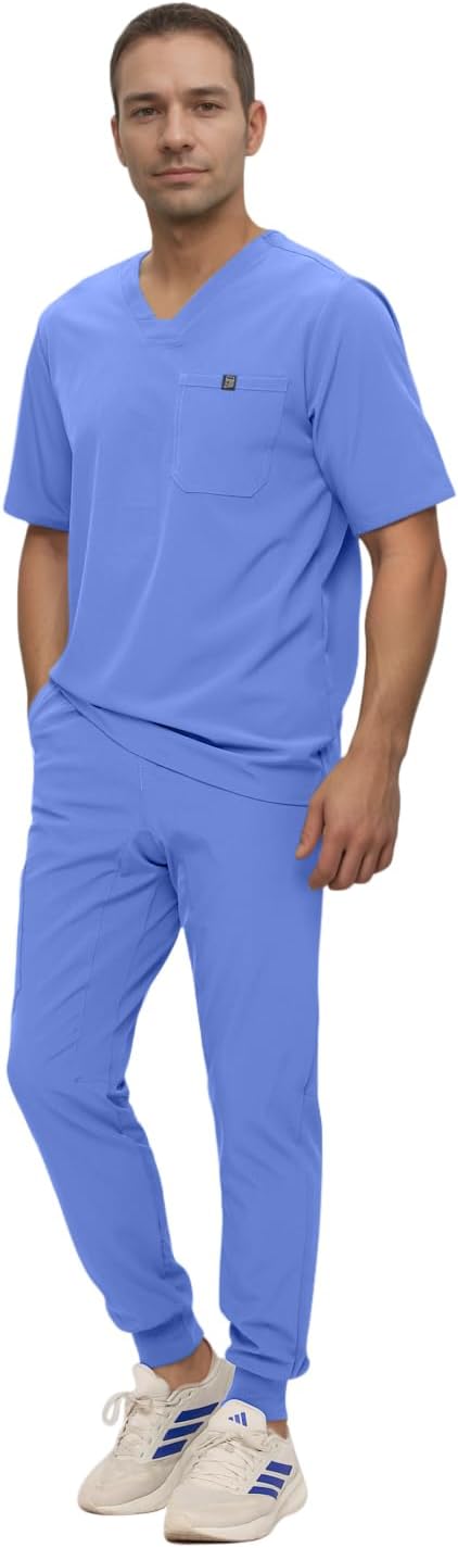 Monarch Uniforms Men's Jogger Scrub Set Tuck-in Scrubs for Men with Jogger Pants and One Pocket Top - Ceil Blue