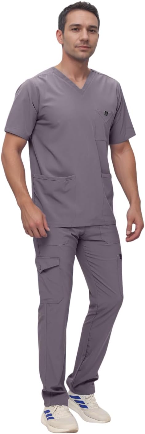 Monarch Uniforms Men's Scrub Set V-Neck Scrub Sets with Nine Large Pockets - Charcoal