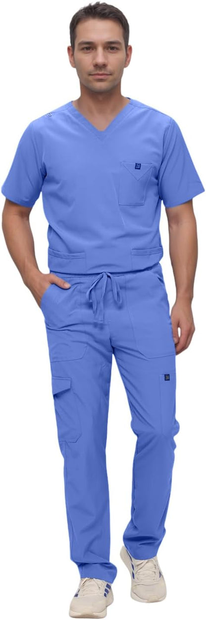Monarch Uniforms Men's Scrub Set V-Neck Scrub Sets with Nine Large Pockets - Ceil Blue