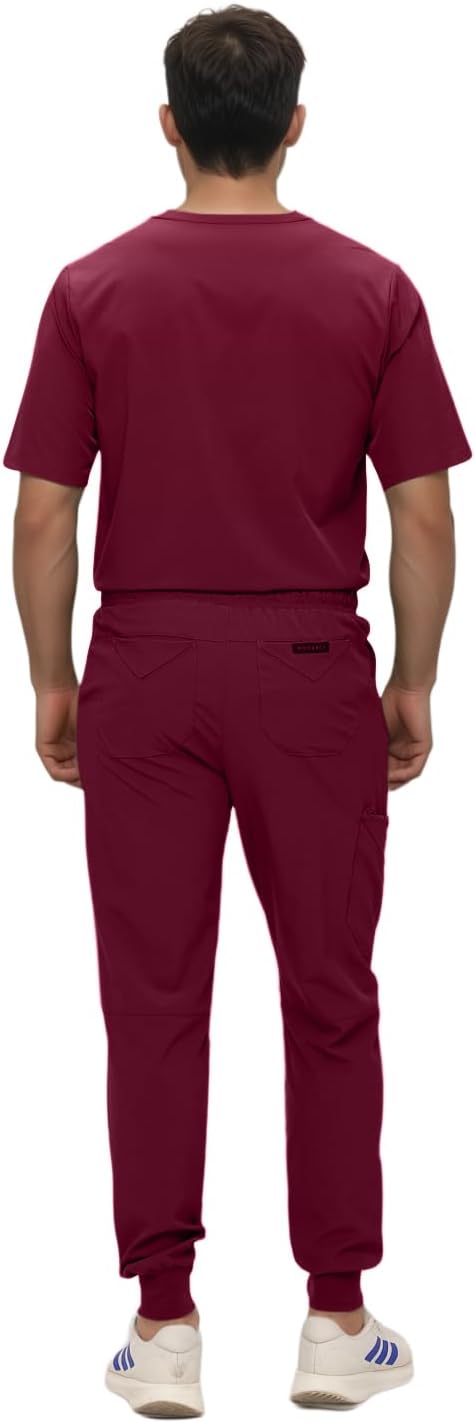 Monarch Uniforms Men's Jogger Scrub Set Tuck-in Scrubs for Men with Jogger Pants and One Pocket Top - Burgundy