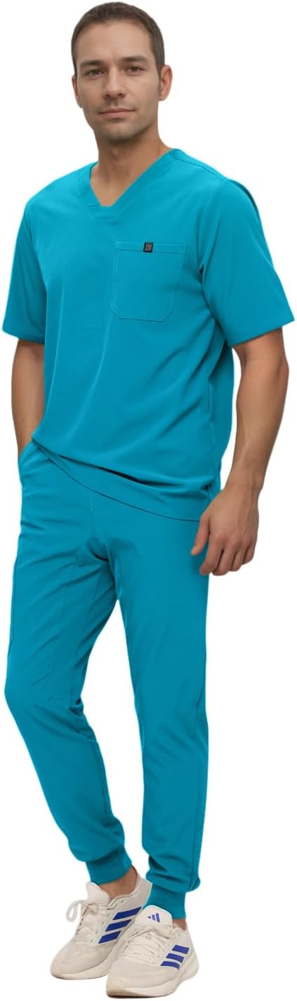Monarch Uniforms Men's Jogger Scrub Set Tuck-in Scrubs for Men with Jogger Pants and One Pocket Top - Caribbean Blue