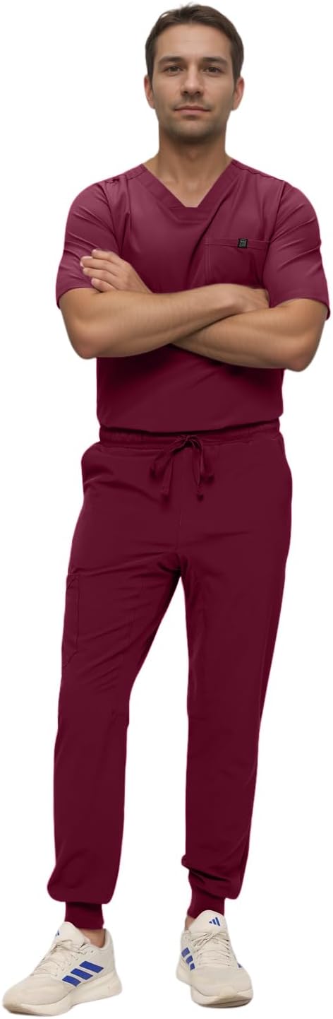 Monarch Uniforms Men's Jogger Scrub Set Tuck-in Scrubs for Men with Jogger Pants and One Pocket Top - Burgundy