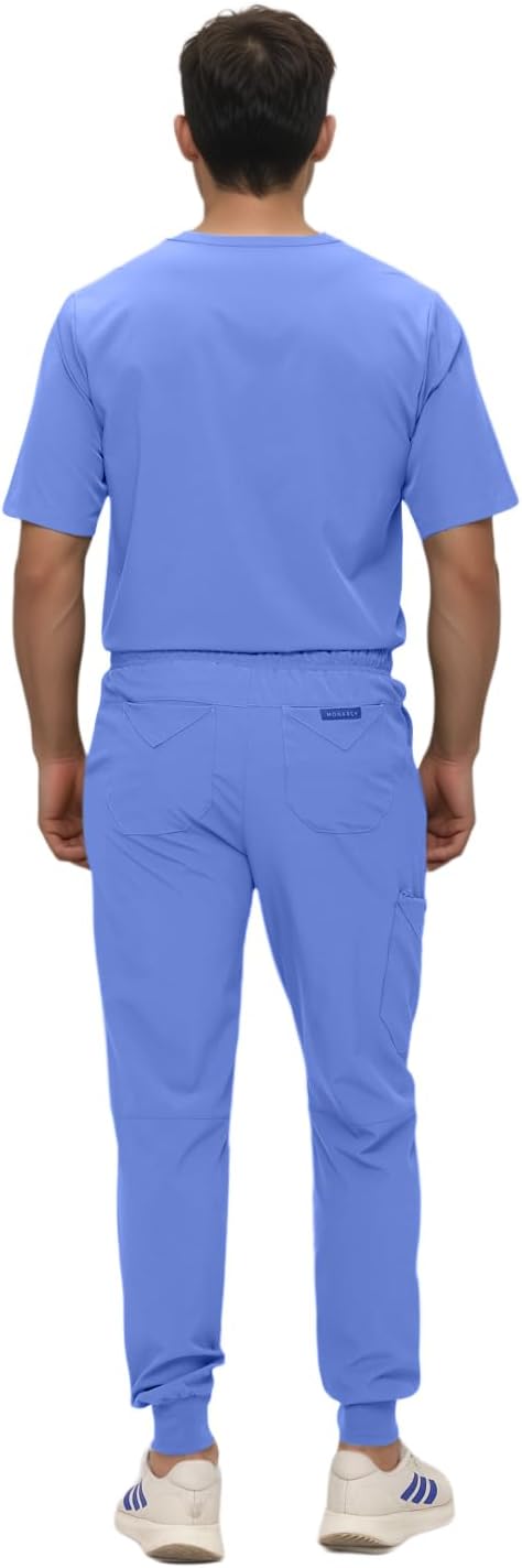 Monarch Uniforms Men's Jogger Scrub Set Tuck-in Scrubs for Men with Jogger Pants and One Pocket Top - Ceil Blue
