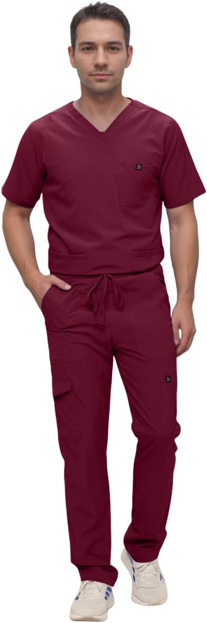 Monarch Uniforms Men's Scrub Set V-Neck Scrub Sets with Nine Large Pockets - Burgundy
