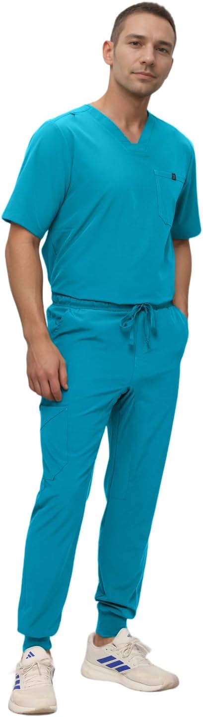 Monarch Uniforms Men's Jogger Scrub Set Tuck-in Scrubs for Men with Jogger Pants and One Pocket Top - Caribbean Blue