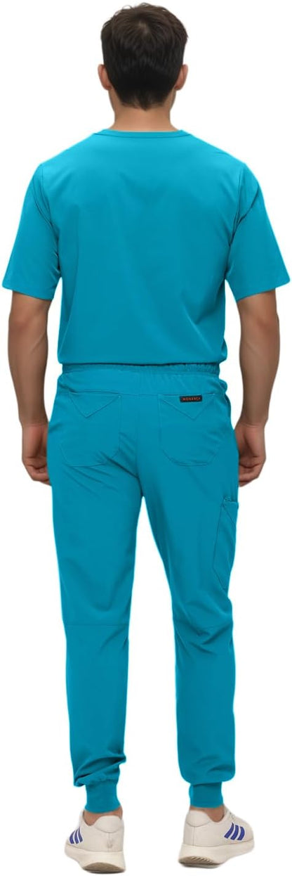 Monarch Uniforms Men's Jogger Scrub Set Tuck-in Scrubs for Men with Jogger Pants and One Pocket Top - Caribbean Blue