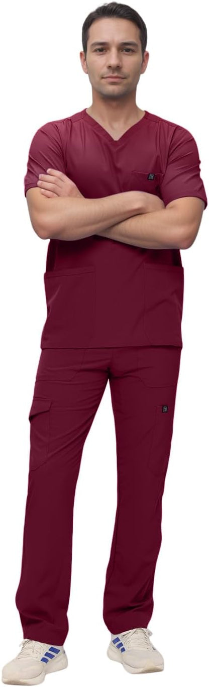 Monarch Uniforms Men's Scrub Set V-Neck Scrub Sets with Nine Large Pockets - Burgundy
