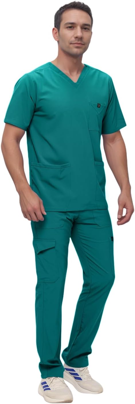 Monarch Uniforms Men's Scrub Set V-Neck Scrub Sets with Nine Large Pockets - Hunter Green