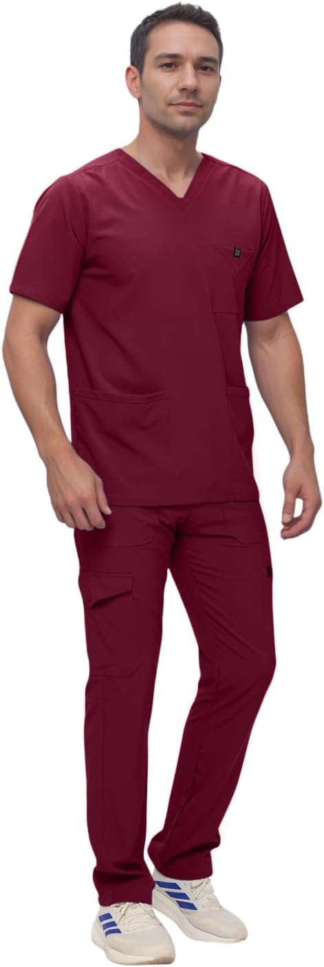Monarch Uniforms Men's Scrub Set V-Neck Scrub Sets with Nine Large Pockets - Burgundy