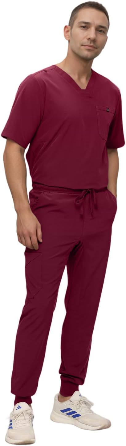 Monarch Uniforms Men's Jogger Scrub Set Tuck-in Scrubs for Men with Jogger Pants and One Pocket Top - Burgundy