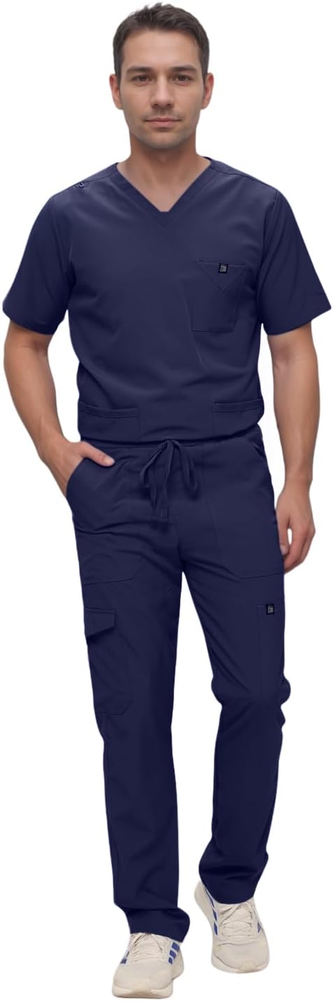 Monarch Uniforms Men's Scrub Set V-Neck Scrub Sets with Nine Large Pockets - Navy Blue