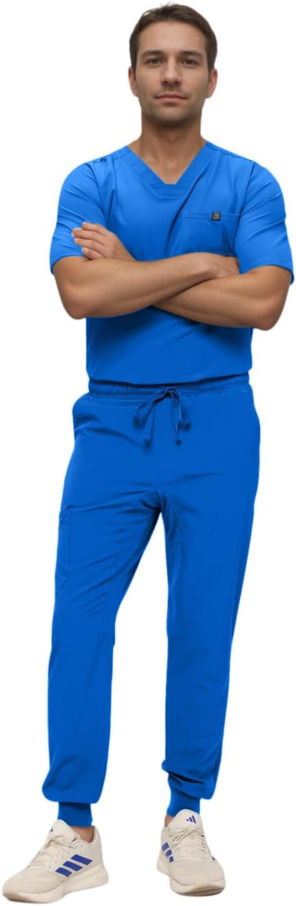Monarch Uniforms Men's Jogger Scrub Set Tuck-in Scrubs for Men with Jogger Pants and One Pocket Top - Royal Blue