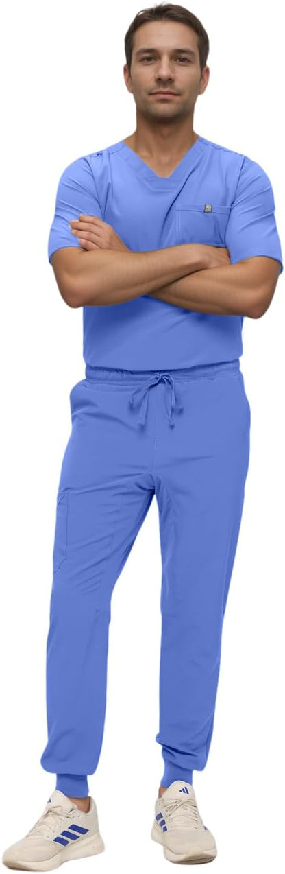 Monarch Uniforms Men's Jogger Scrub Set Tuck-in Scrubs for Men with Jogger Pants and One Pocket Top - Ceil Blue