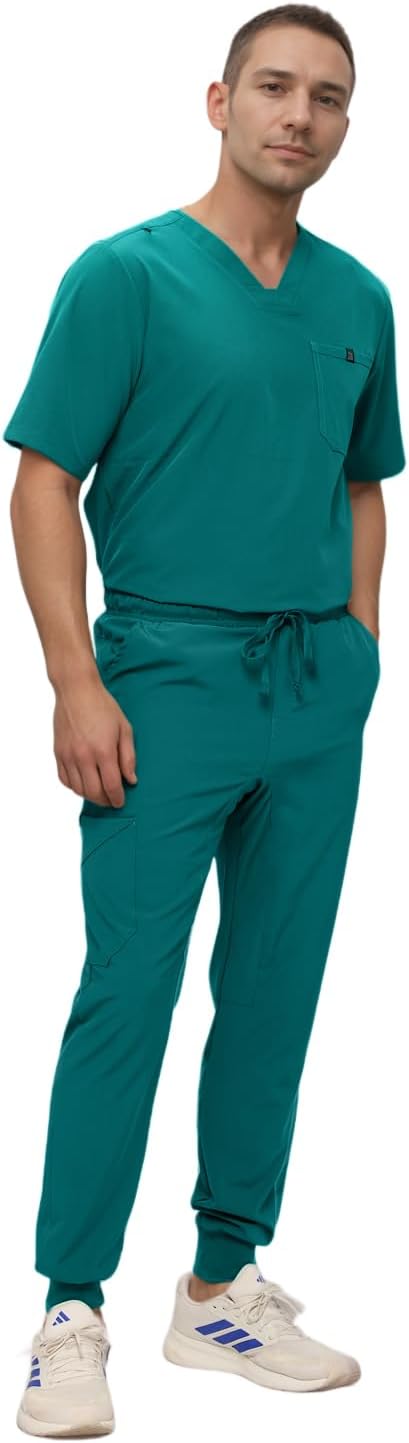 Monarch Uniforms Men's Jogger Scrub Set Tuck-in Scrubs for Men with Jogger Pants and One Pocket Top - Hunter Green