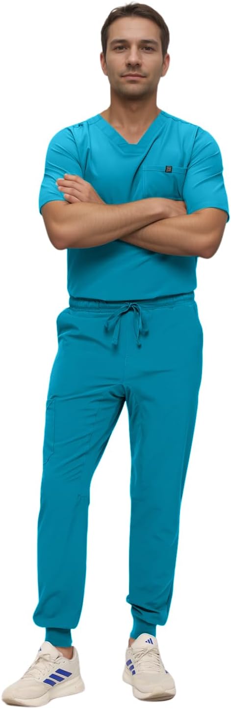 Monarch Uniforms Men's Jogger Scrub Set Tuck-in Scrubs for Men with Jogger Pants and One Pocket Top - Caribbean Blue