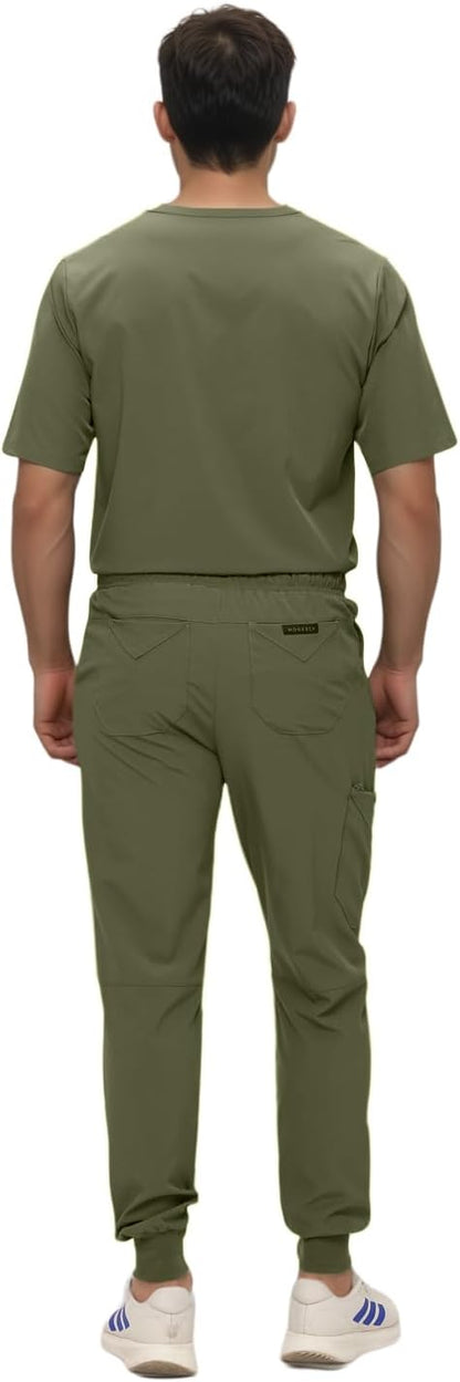 Monarch Uniforms Men's Jogger Scrub Set Tuck-in Scrubs for Men with Jogger Pants and One Pocket Top - Olive