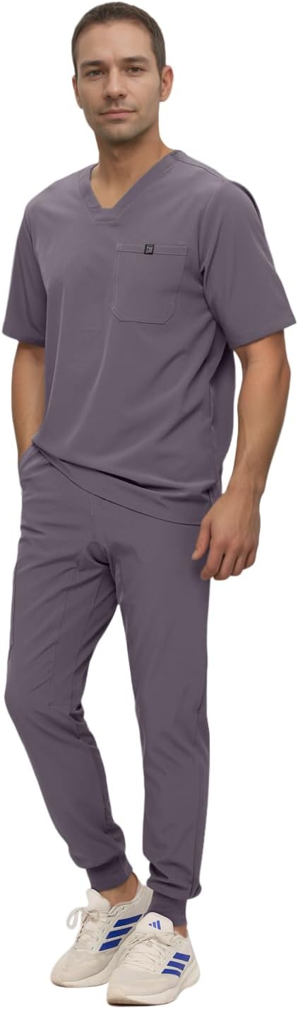 Monarch Uniforms Men's Jogger Scrub Set Tuck-in Scrubs for Men with Jogger Pants and One Pocket Top - Charcoal