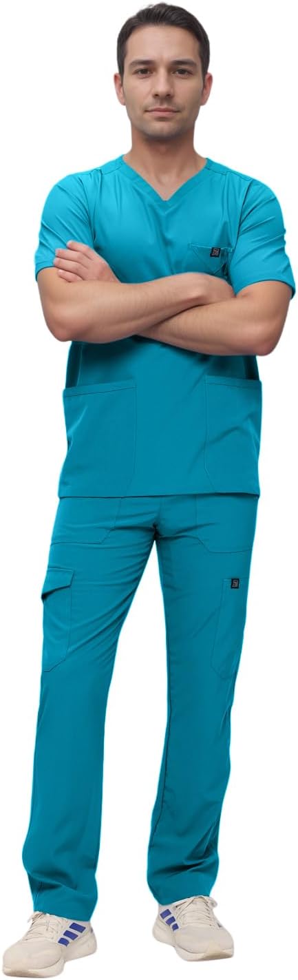 Monarch Uniforms Men's Scrub Set V-Neck Scrub Sets with Nine Large Pockets - Caribbean Blue