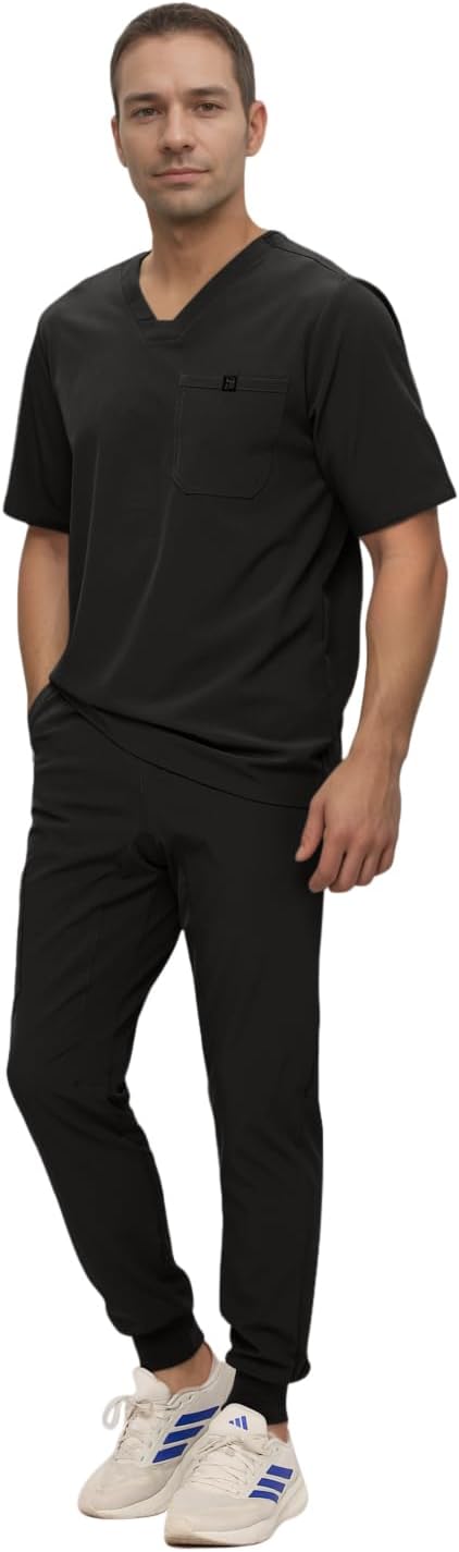 Monarch Uniforms Men's Jogger Scrub Set Tuck-in Scrubs for Men with Jogger Pants and One Pocket Top - Black