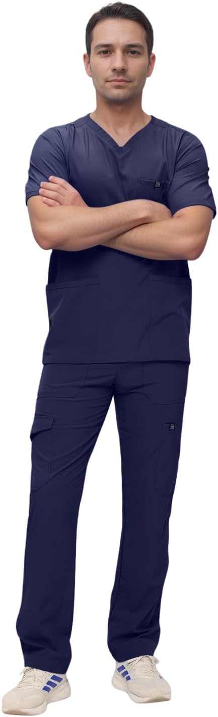Monarch Uniforms Men's Scrub Set V-Neck Scrub Sets with Nine Large Pockets - Navy Blue