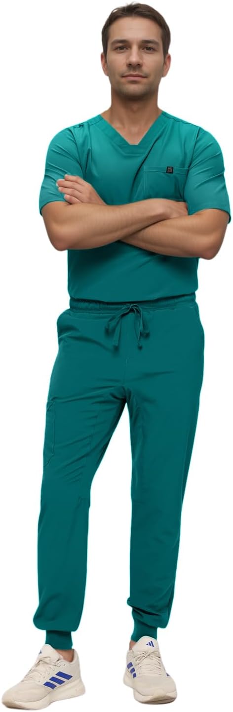 Monarch Uniforms Men's Jogger Scrub Set Tuck-in Scrubs for Men with Jogger Pants and One Pocket Top - Hunter Green