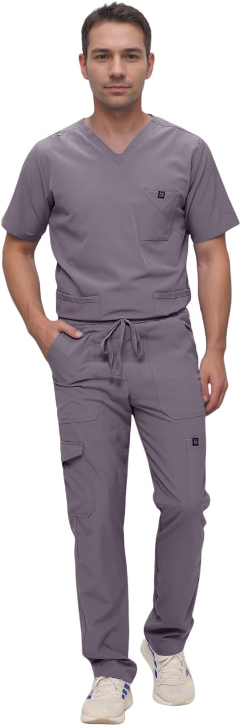 Monarch Uniforms Men's Scrub Set V-Neck Scrub Sets with Nine Large Pockets - Charcoal