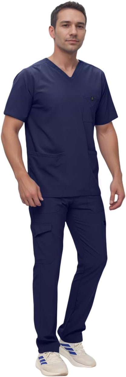 Monarch Uniforms Men's Scrub Set V-Neck Scrub Sets with Nine Large Pockets - Navy Blue