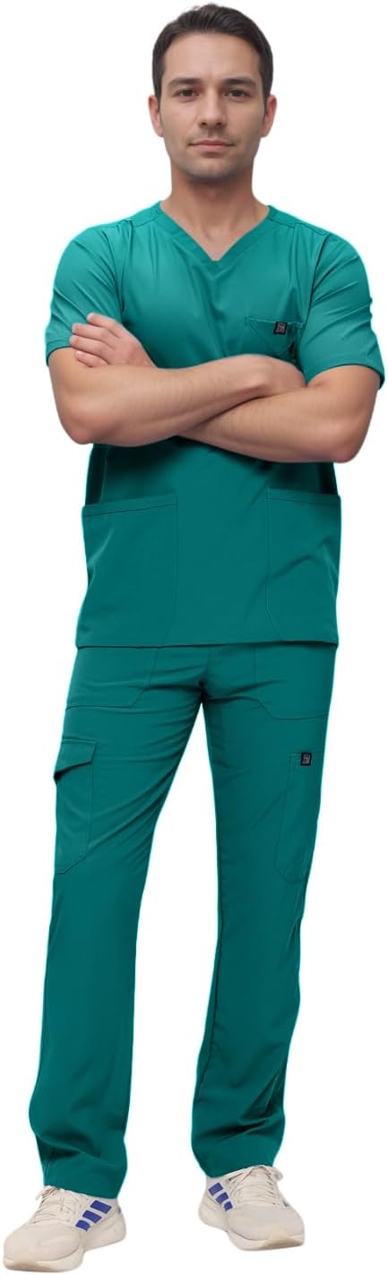 Monarch Uniforms Men's Scrub Set V-Neck Scrub Sets with Nine Large Pockets - Hunter Green